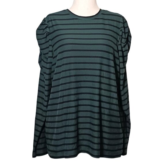 Ella Rafaella Green/Black Striped Long Ruched Puff Sleeve Crew Neck Top Size 2X - Picture 1 of 11